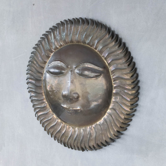 Vintage 1970s sun face sunburst brass wall plaque relief repousee inscribed