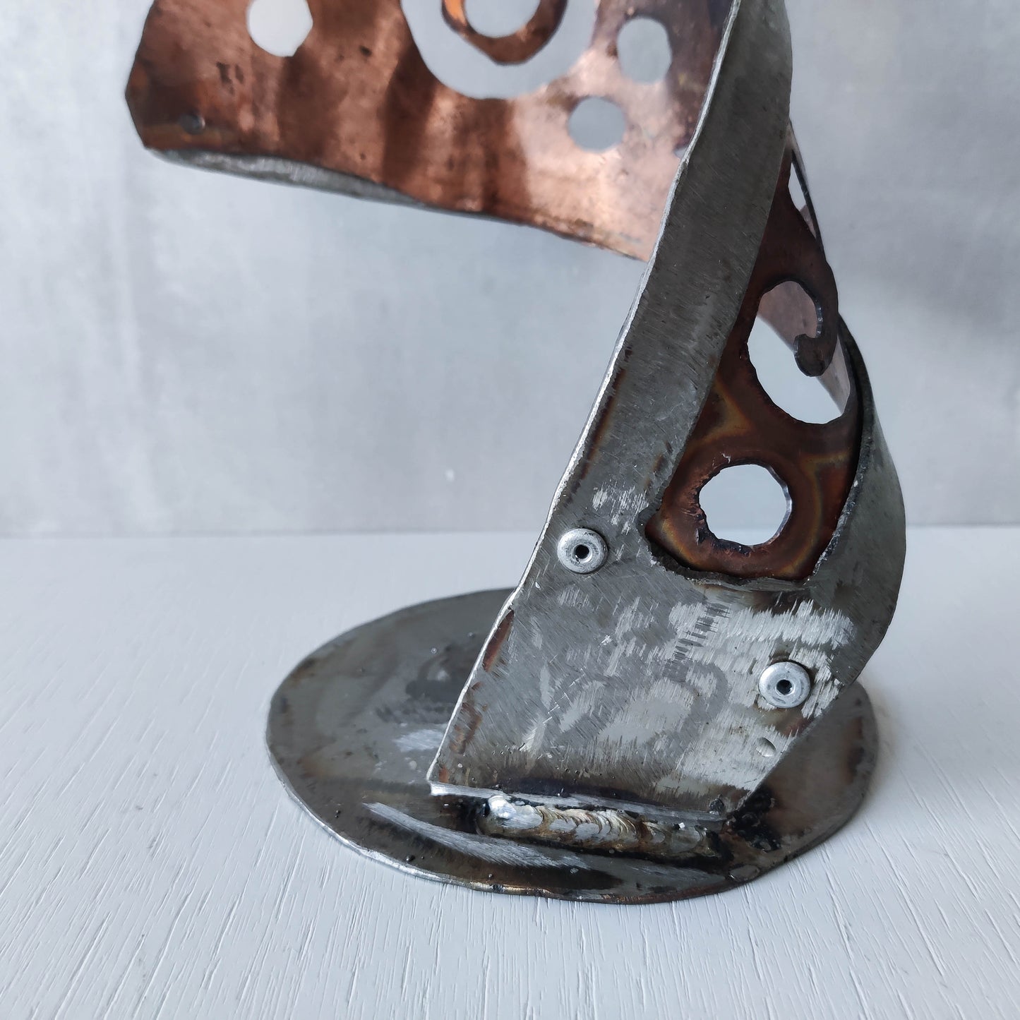 Handmade vintage brutalist steel copper sculptural candle holder