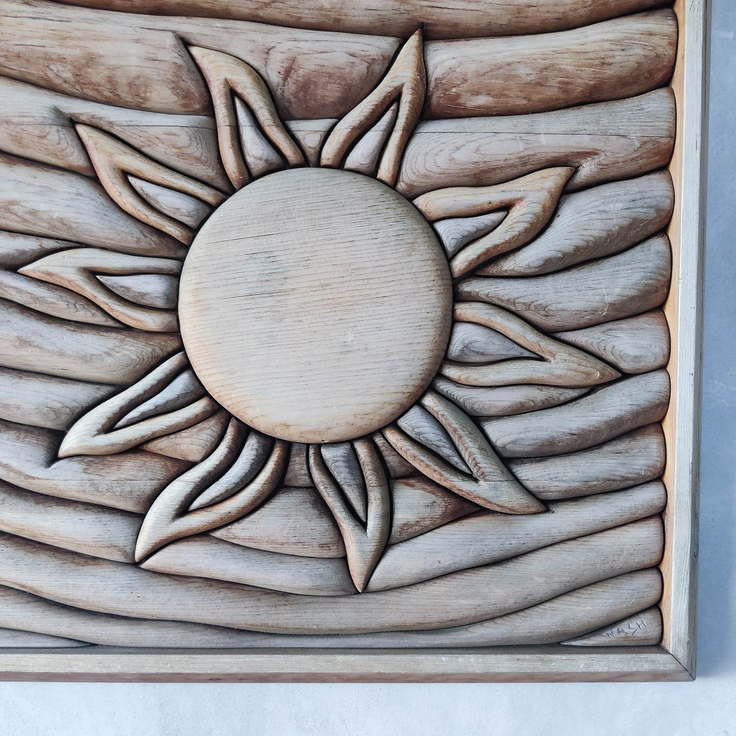 Vintage carved pieced wood wall sculpture relief abstract sun