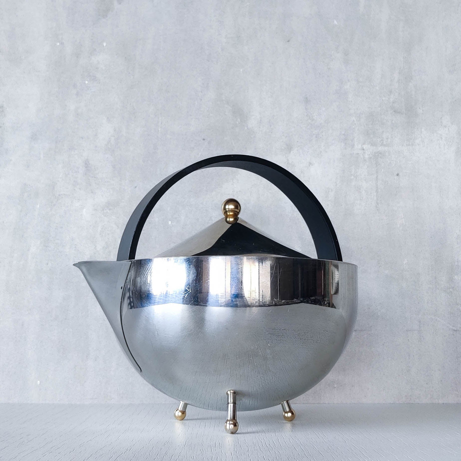 1980s Carsten Jorgensen stainless steel and brass 'Teabowl' teapot