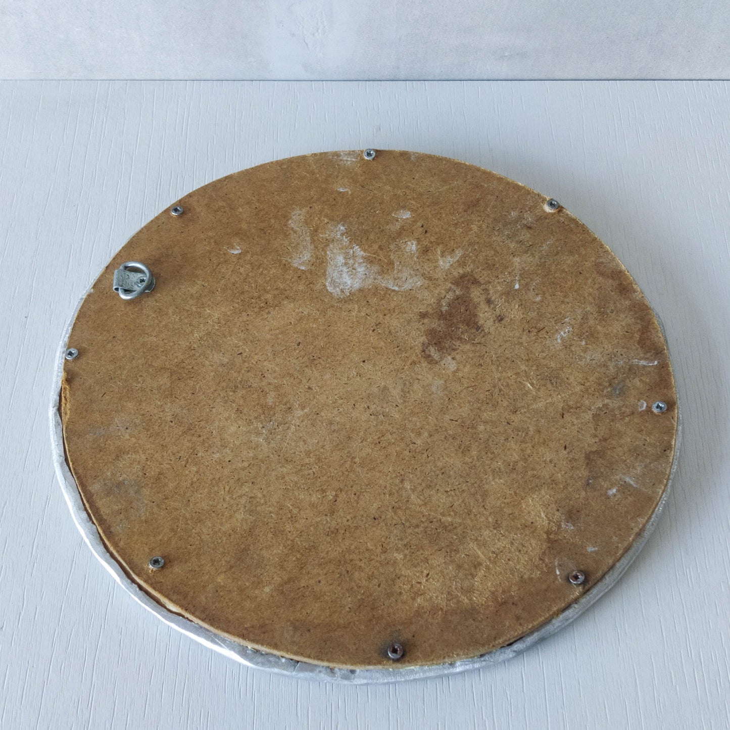 Vintage handmade brushed aluminium and copper circular mirror