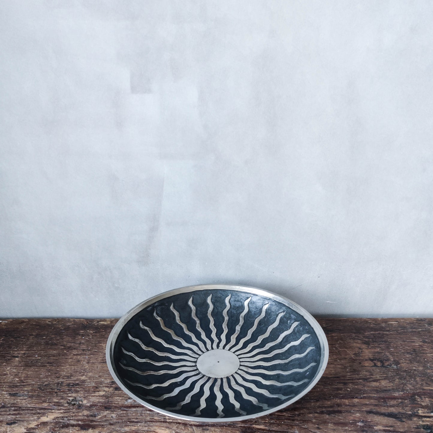 Vintage silver metal sun celestial footed Art Deco bowl dish vide poche enamel
