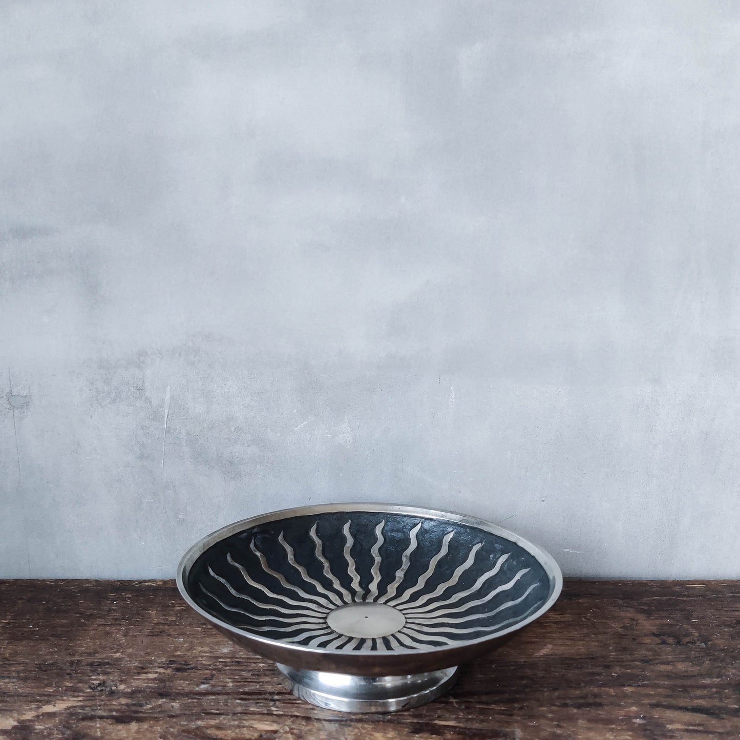 Vintage silver metal sun celestial footed Art Deco bowl dish vide poche enamel