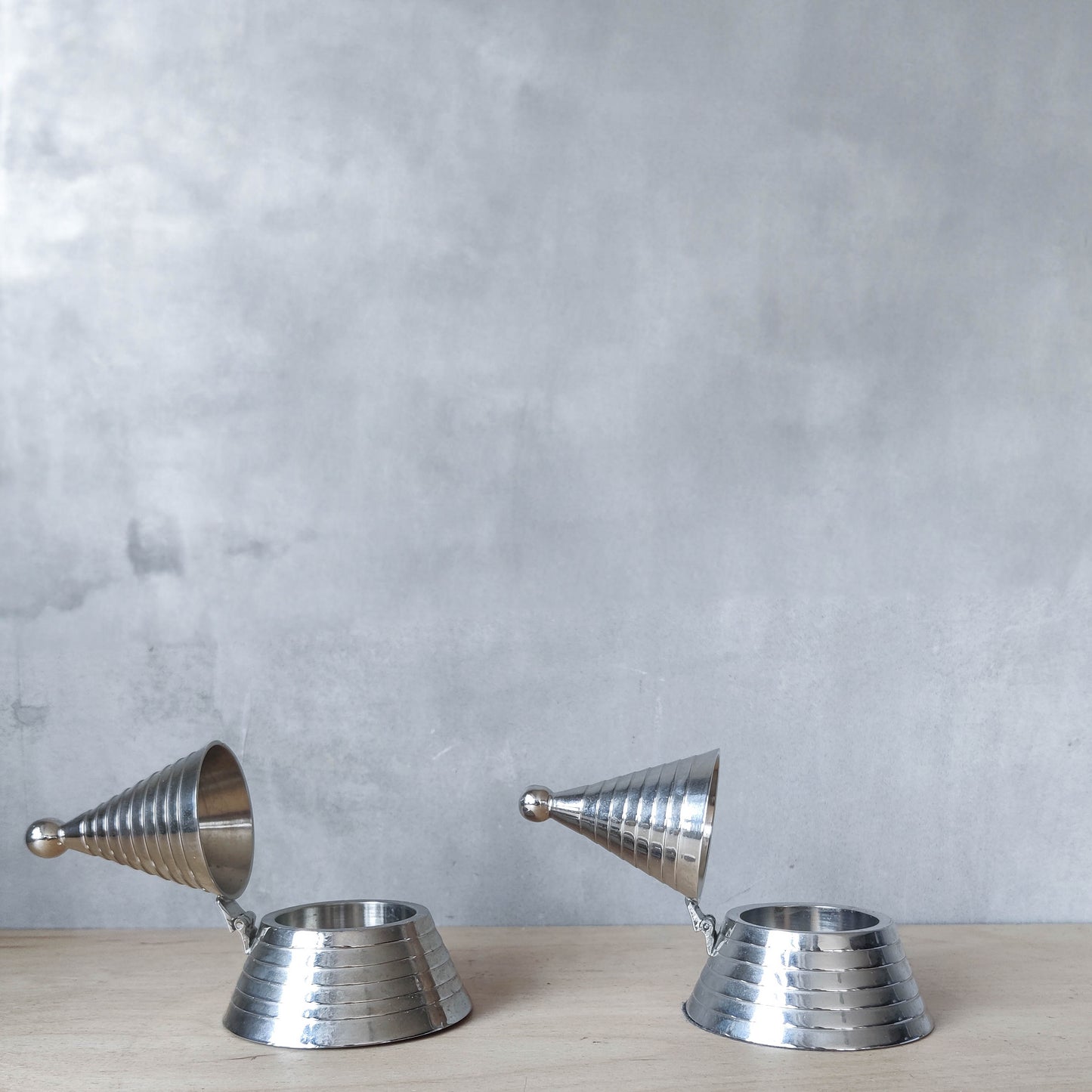 Pair vintage conical silver ribbed chrome tea light holders Aldo Rossi Alessi modernist