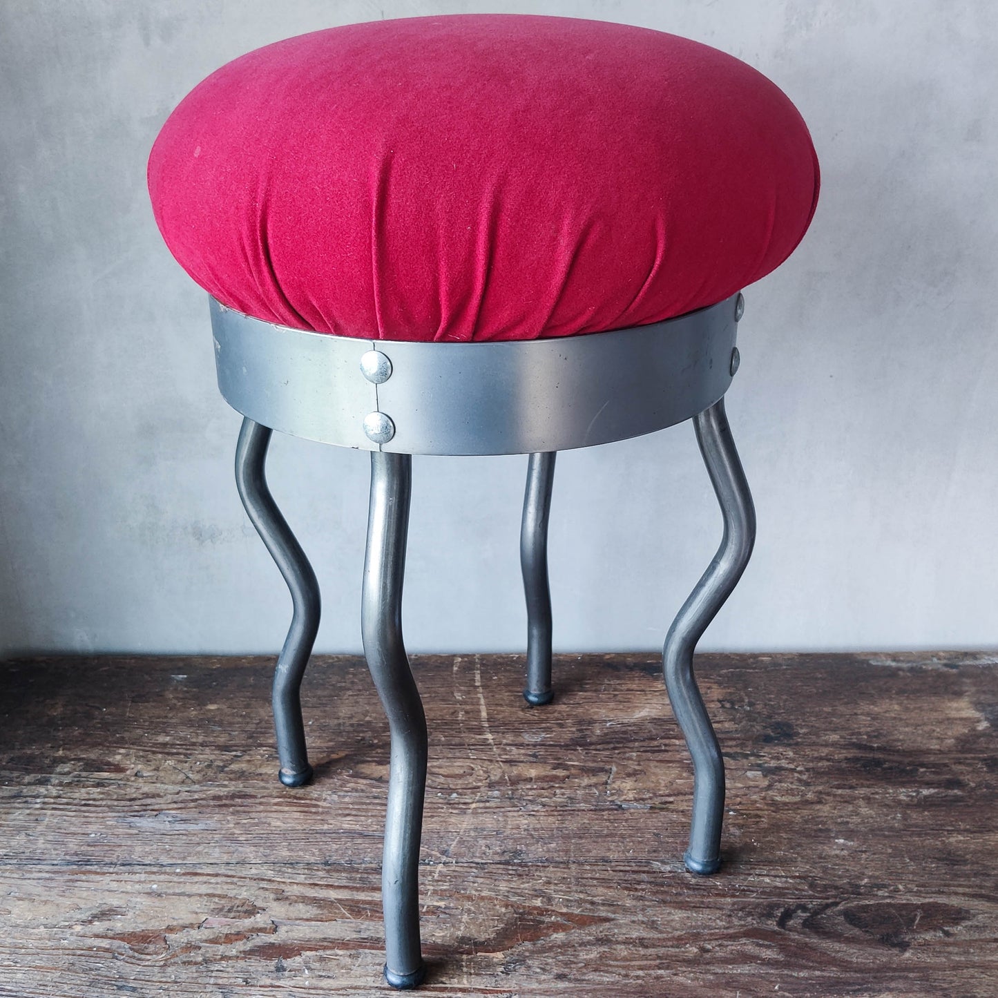 Vintage 1990s IKEA Uri stool wiggle legs postmodern Per Ivar red velvet steel