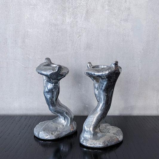 Pair of vintage 1980s ART3 David Marshall style cast aluminum brutalist candle holders