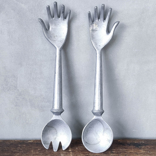 Vintage 80's aluminium serving hand spoons salad pasta server 2 piece playful