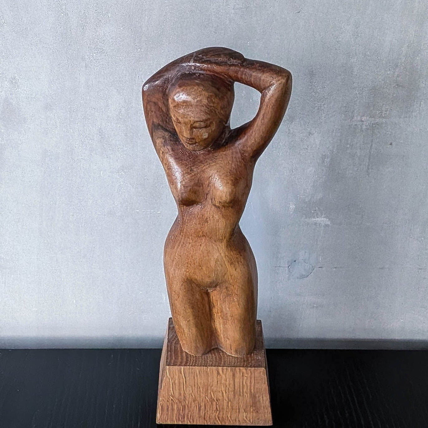 Mid century hand carved hardwood nude figure study on plinth base