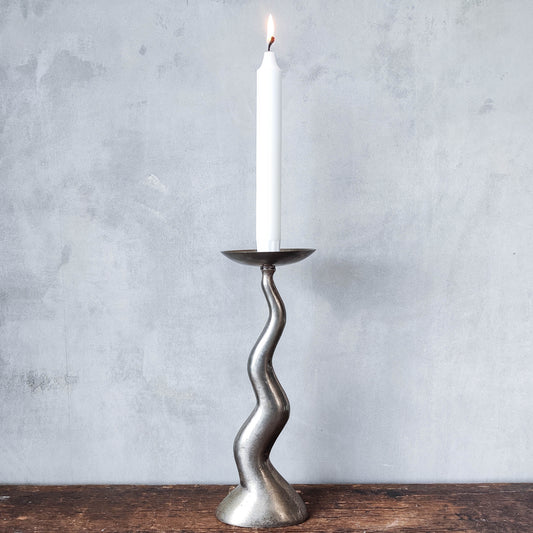 Vintage 80s 90s cast aluminium candlestick candle holder wavy pricket top 25cms