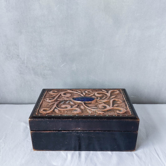 Vintage Arts & Crafts repousee copper wooden box Ruskin cabochon blue handmade