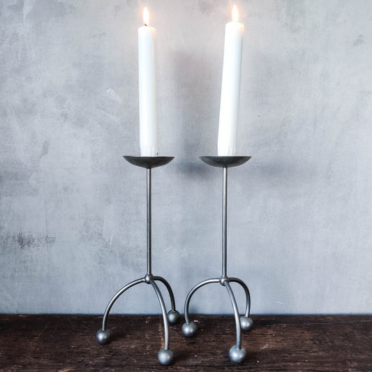 Vintage pair ball footed whimsical modernist candlesticks holders metal 24cms
