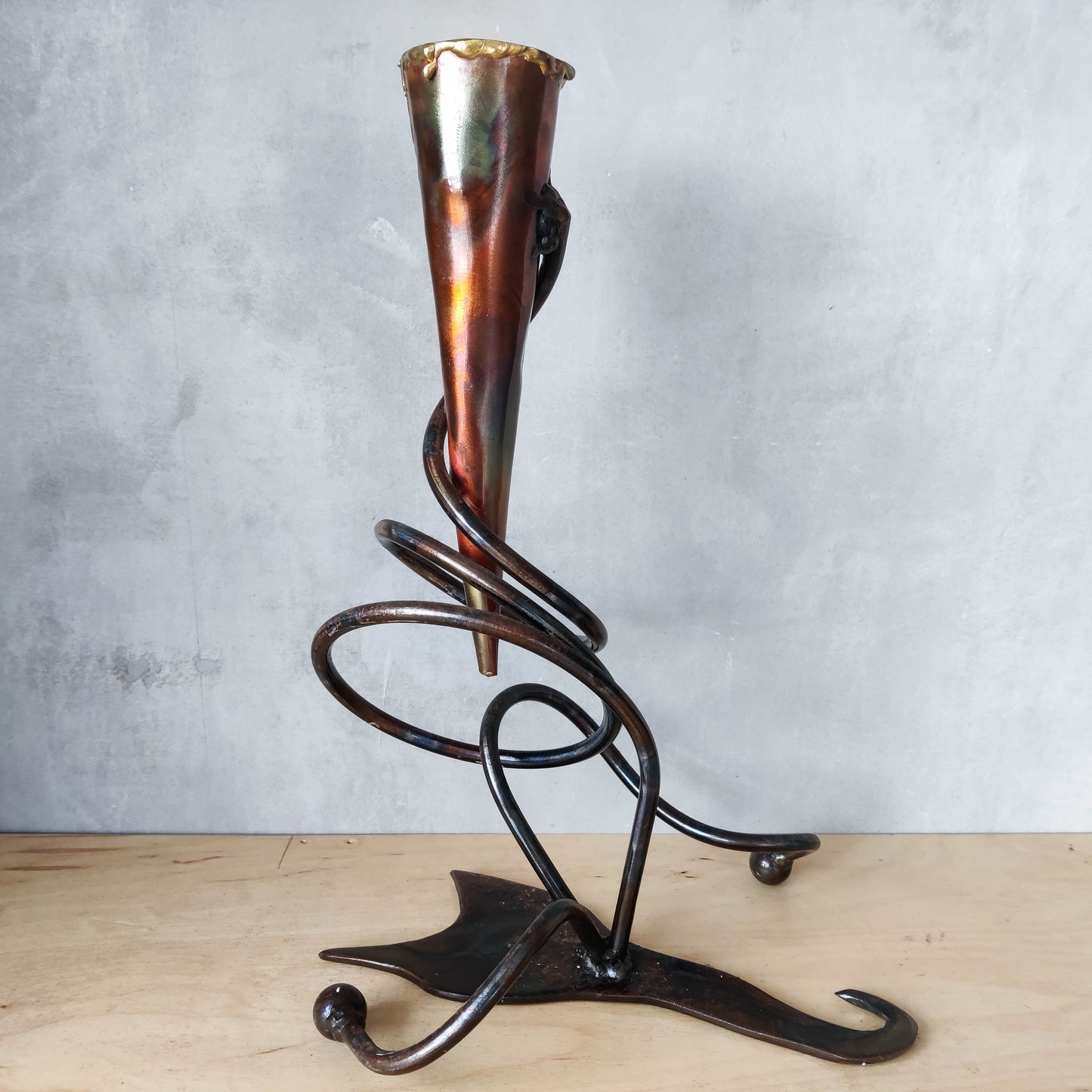 Artisan made welded forged metalwork twisted organic form candlestick sculpture