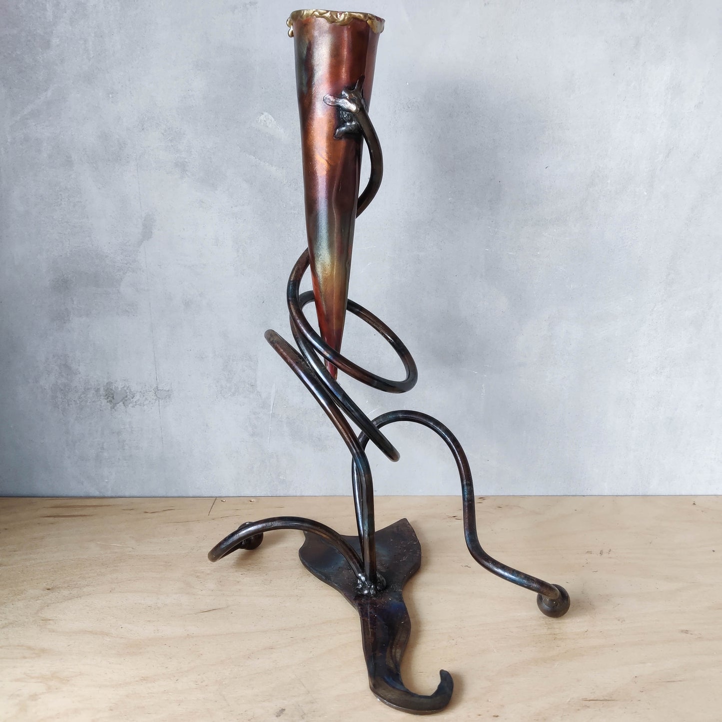 Artisan made welded forged metalwork twisted organic form candlestick sculpture
