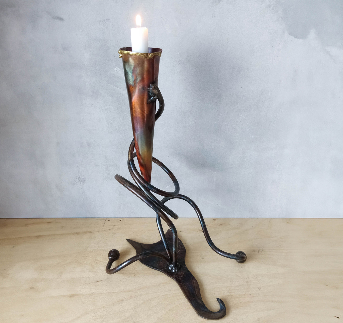 Artisan made welded forged metalwork twisted organic form candlestick sculpture