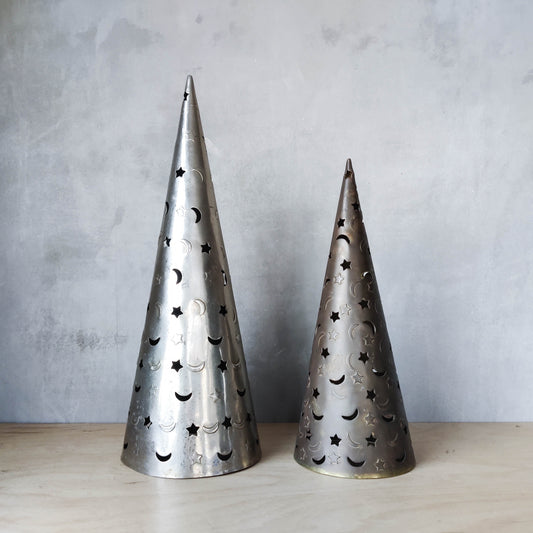 2 x vintage celestial metal cone candle tea light covers lantern holder sun moon