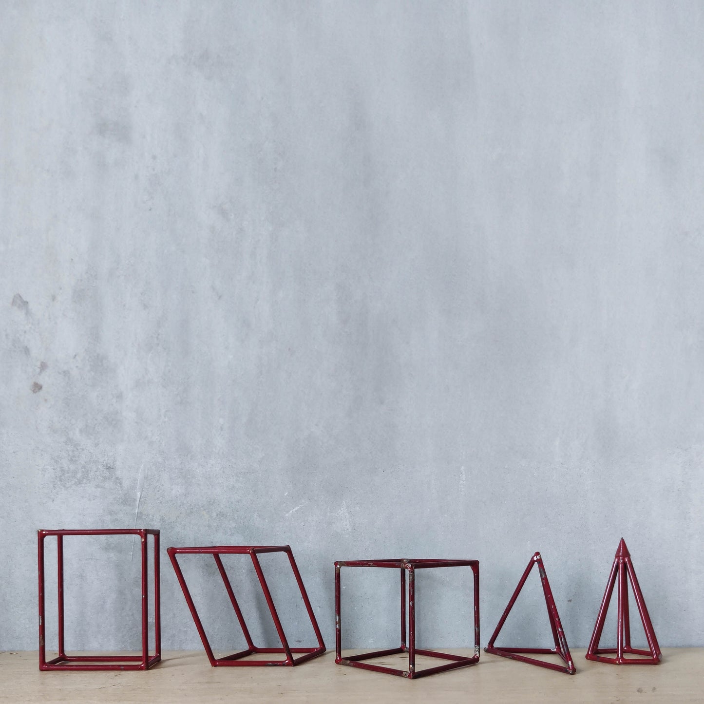Vintage set of 5 geometric steel wire red 1950s shapes models teaching modernist