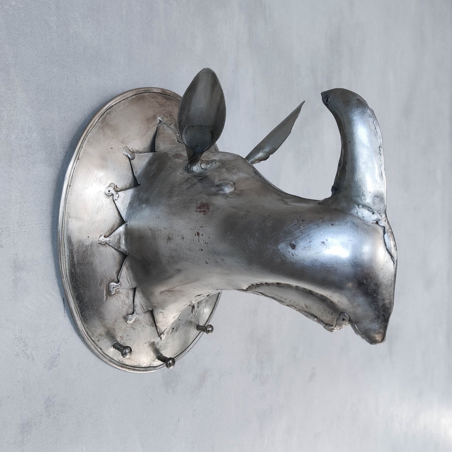 Whimsical welded steel metal sculptural rhino head handmade wall hooks