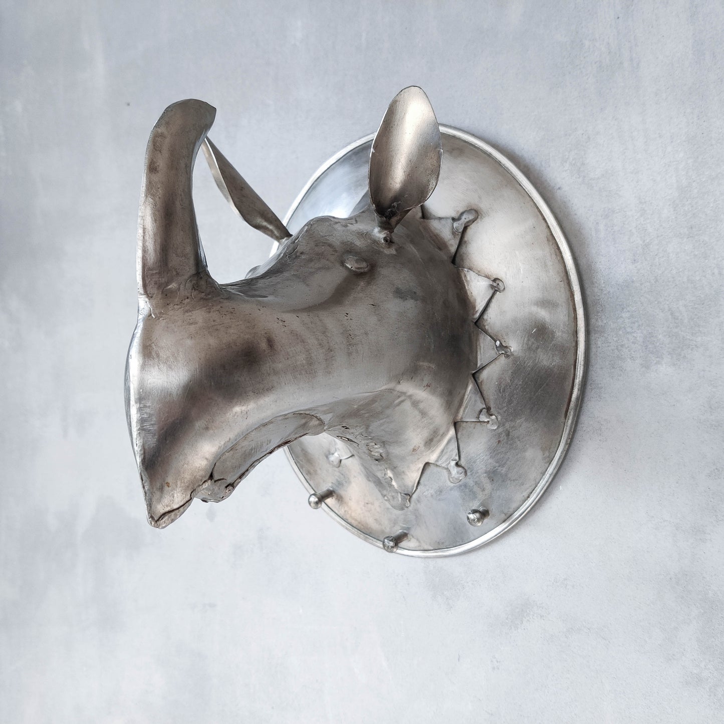 Whimsical welded steel metal sculptural rhino head handmade wall hooks