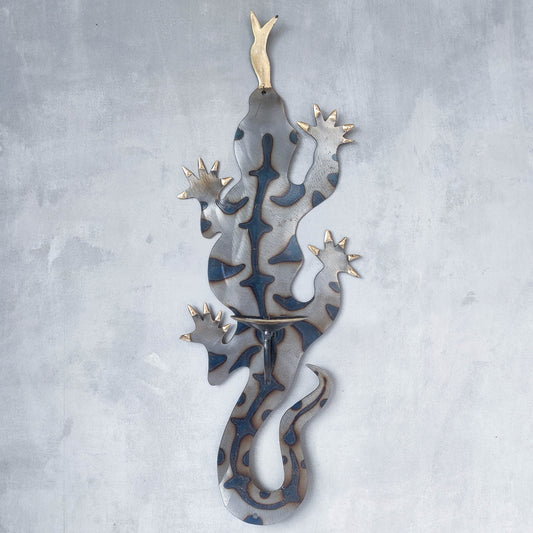 Metalwork torched steel large gecko lizard sculptural wall sconce candle holder