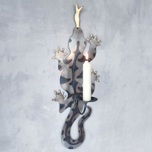 Metalwork torched steel large gecko lizard sculptural wall sconce candle holder