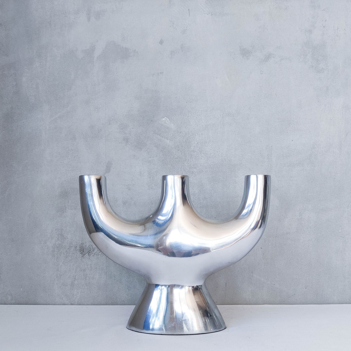 Vintage 00s sculptural cast aluminium modernist form tulip trio vase