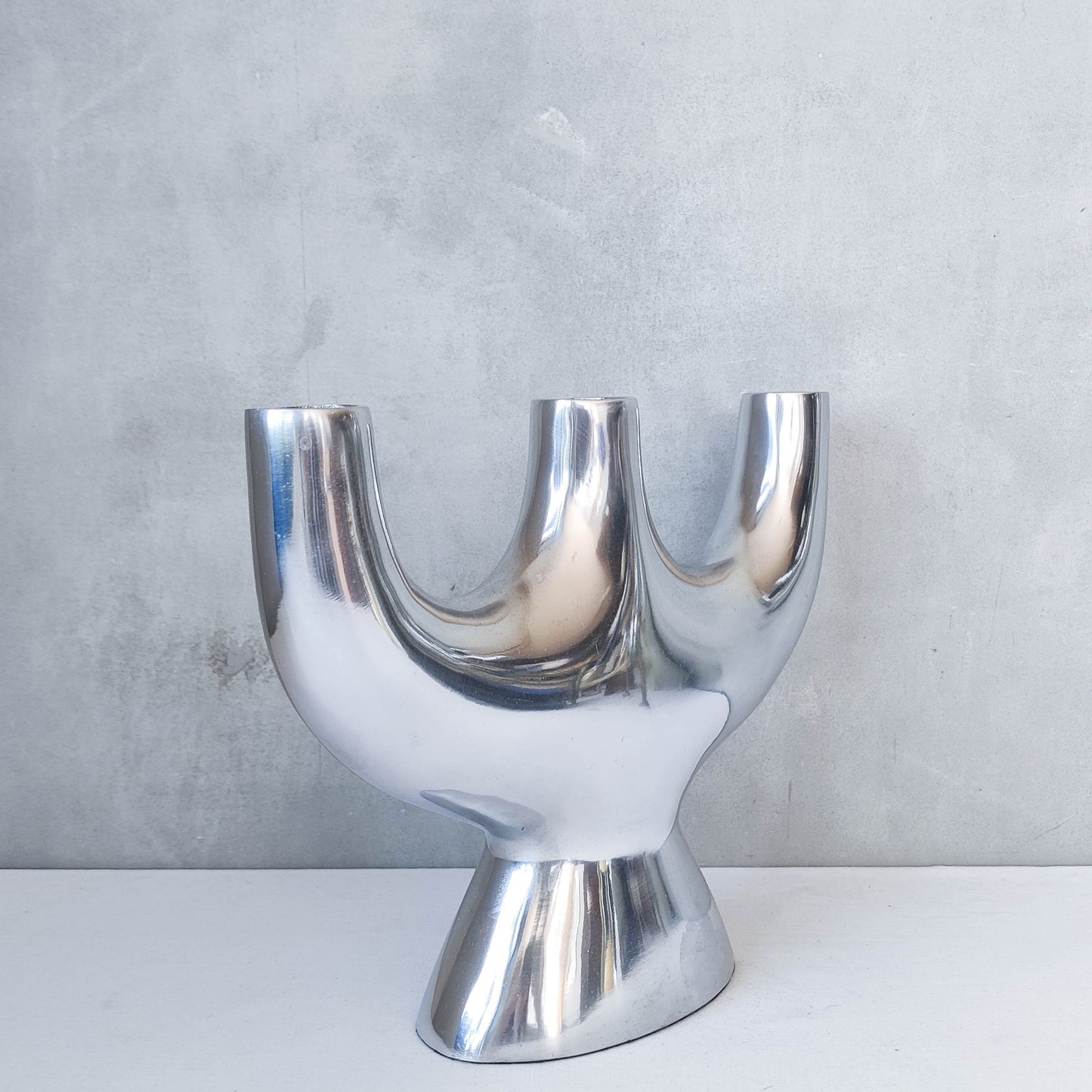 Vintage 00s sculptural cast aluminium modernist form tulip trio vase