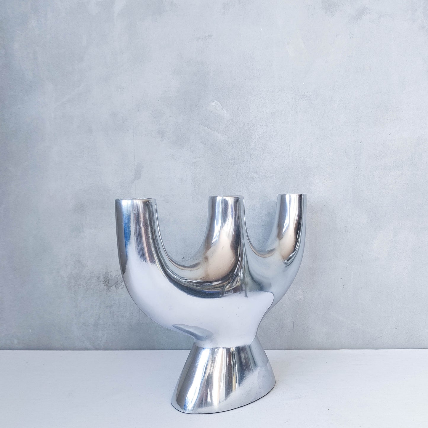 Vintage 00s sculptural cast aluminium modernist form tulip trio vase