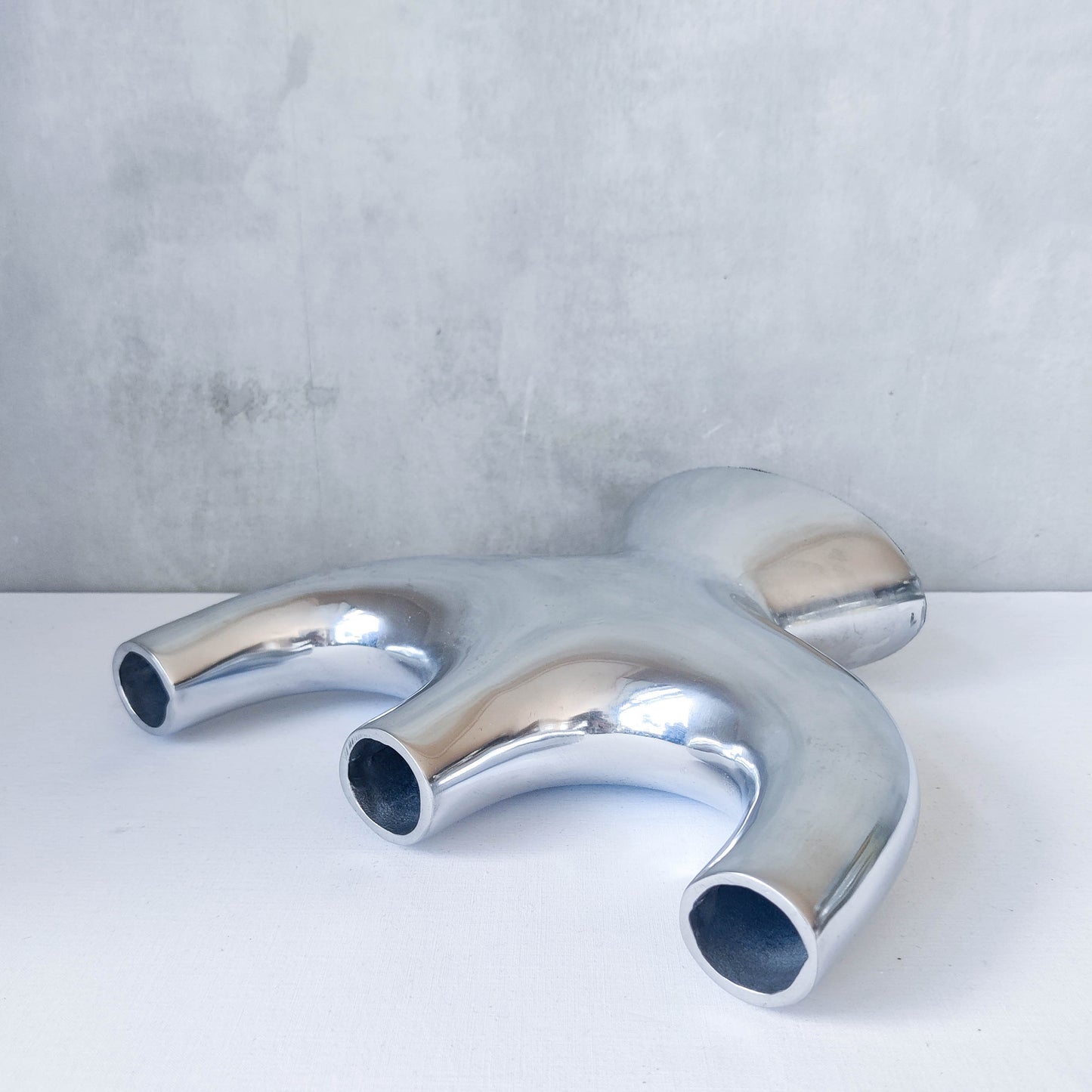 Vintage 00s sculptural cast aluminium modernist form tulip trio vase