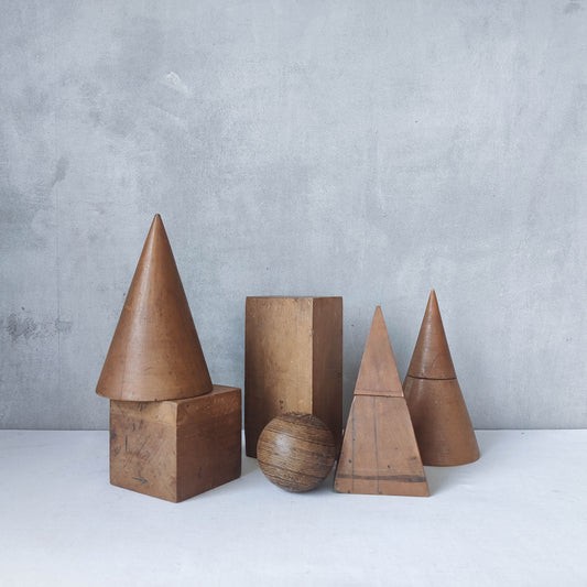 Set of 1950s teaching drawing wooden geometric models