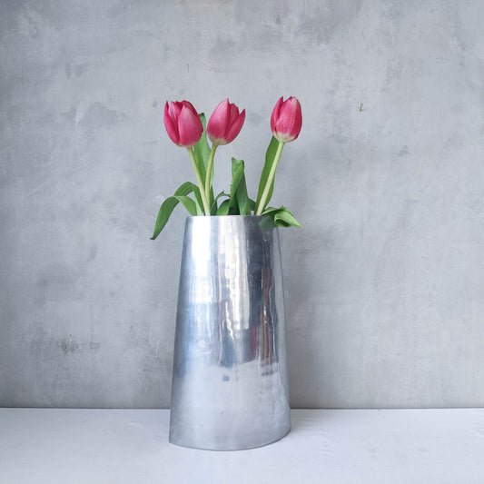 Vintage hand cast aluminium vase flat, sculptural silver metal
