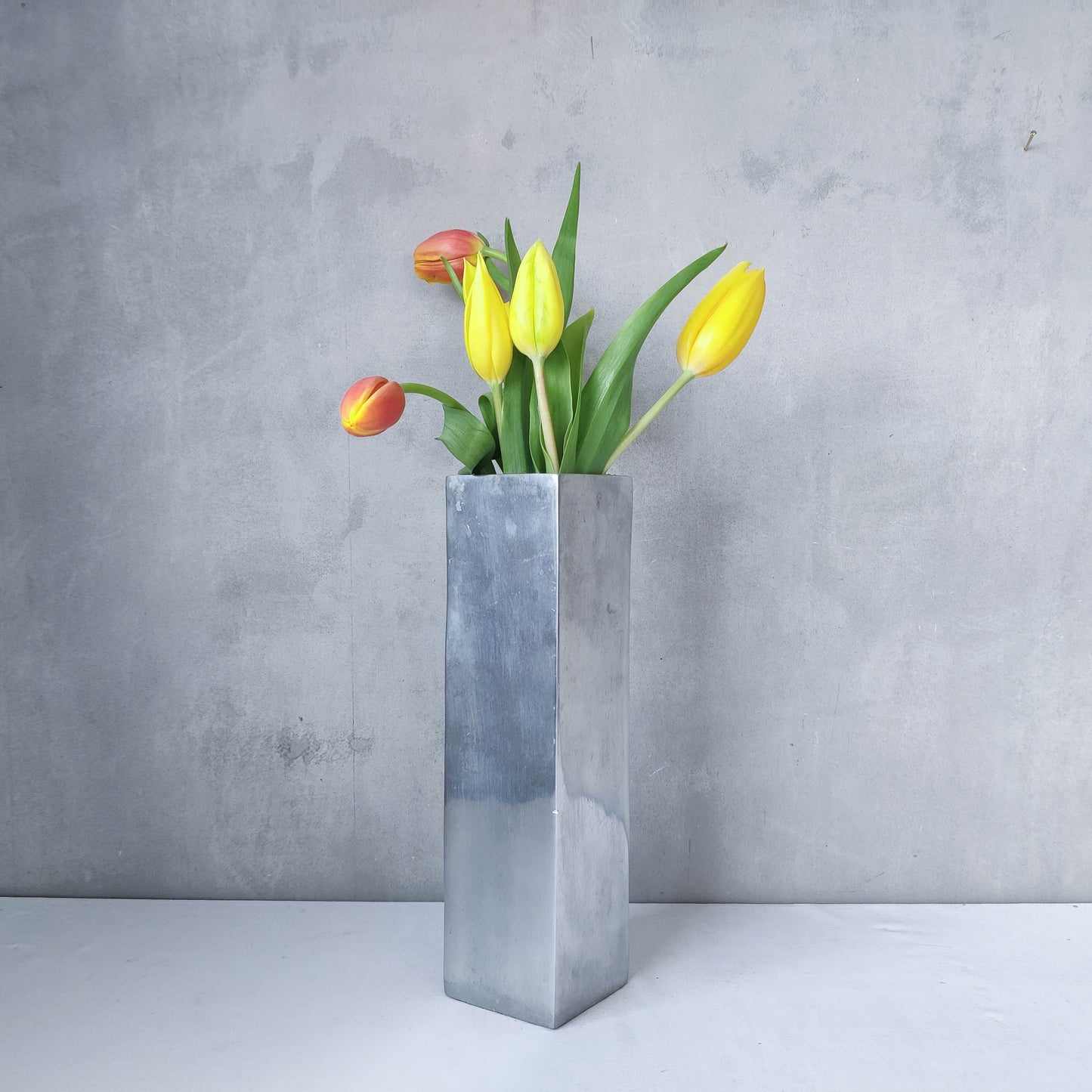 Vintage 00s sculptural cast aluminium silver metal square geometric vase