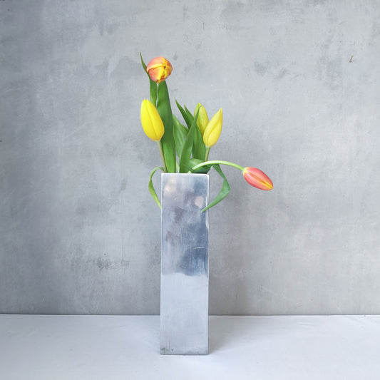 Vintage 00s sculptural cast aluminium silver metal square geometric vase