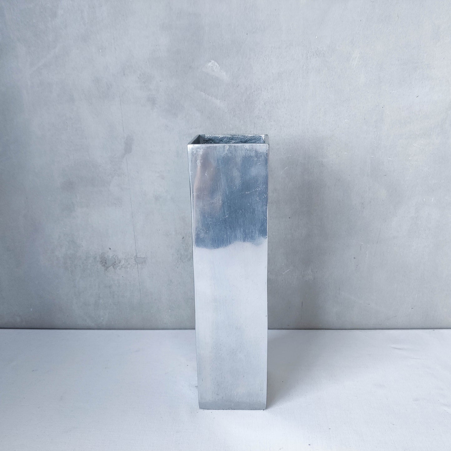 Vintage 00s sculptural cast aluminium silver metal square geometric vase