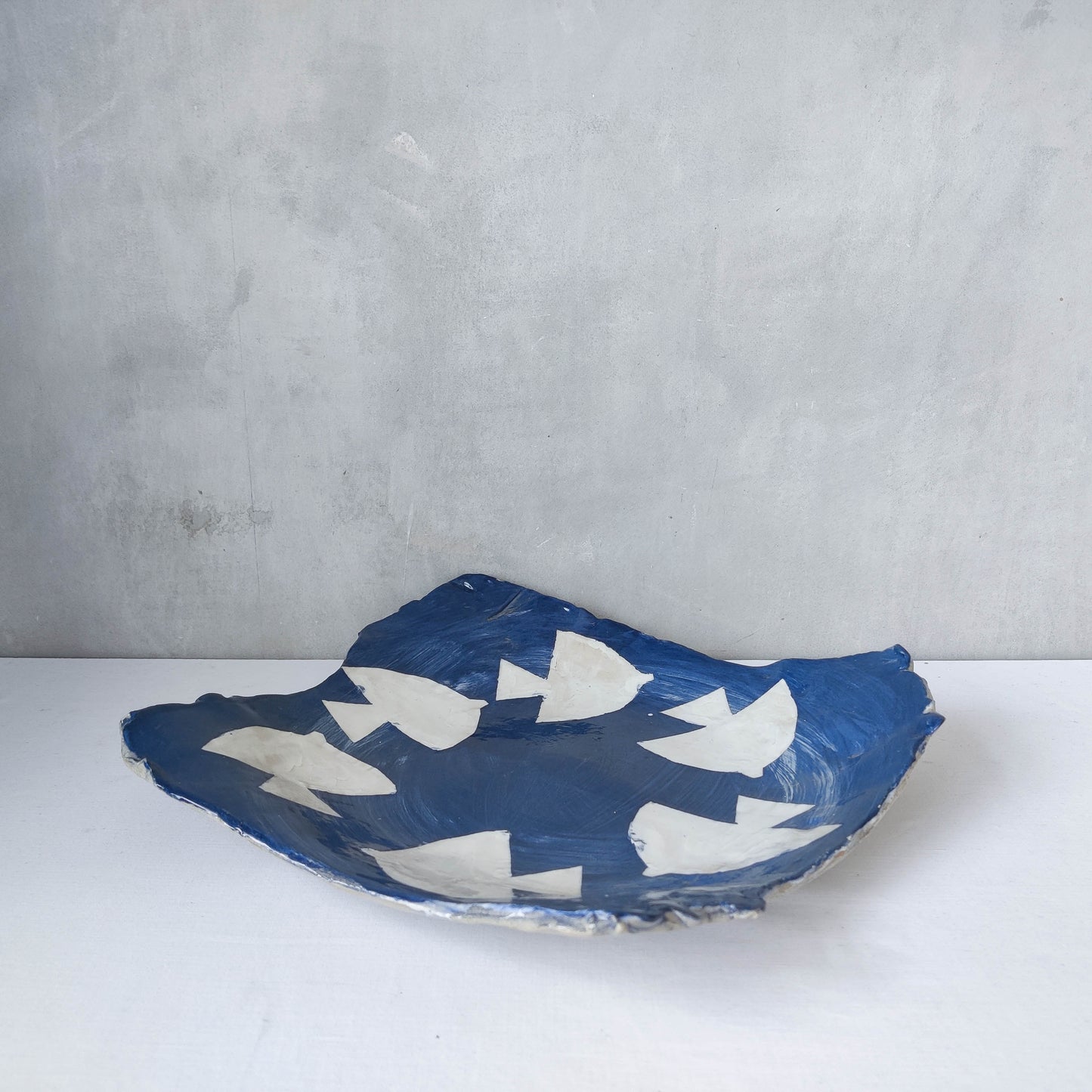Slab studio hand built ceramic stencilled dove Prussian blue glazed platter dish