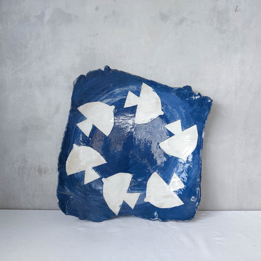 Slab studio hand built ceramic stencilled dove Prussian blue glazed platter dish