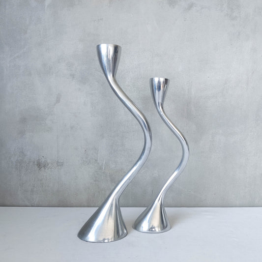 Pair 1990s zigzag wave cast aluminium silver metal candle holders