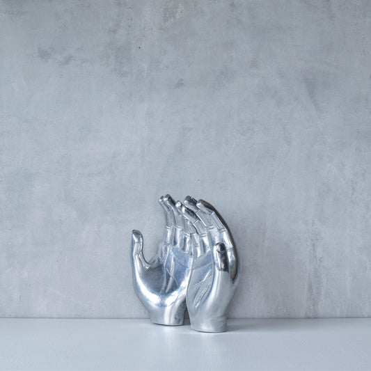 Vintage sand cast aluminium sculptural hands dish vide poche catchall silver