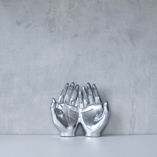 Vintage sand cast aluminium sculptural hands dish vide poche catchall silver