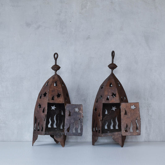 Pair vintage Moroccan sculptural welded star celestial candle holders lanterns