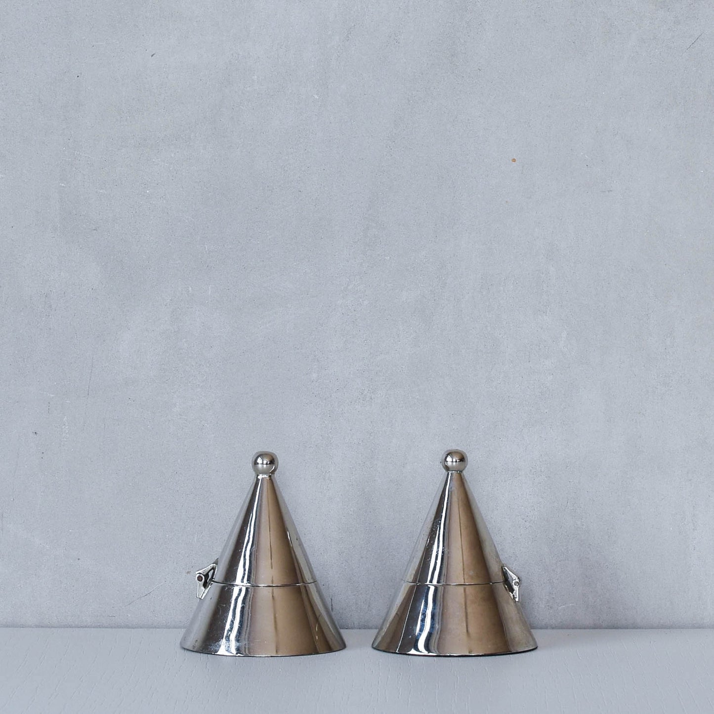 Pair vintage conical silver chrome tea light holders Aldo Rossi Alessi modernist