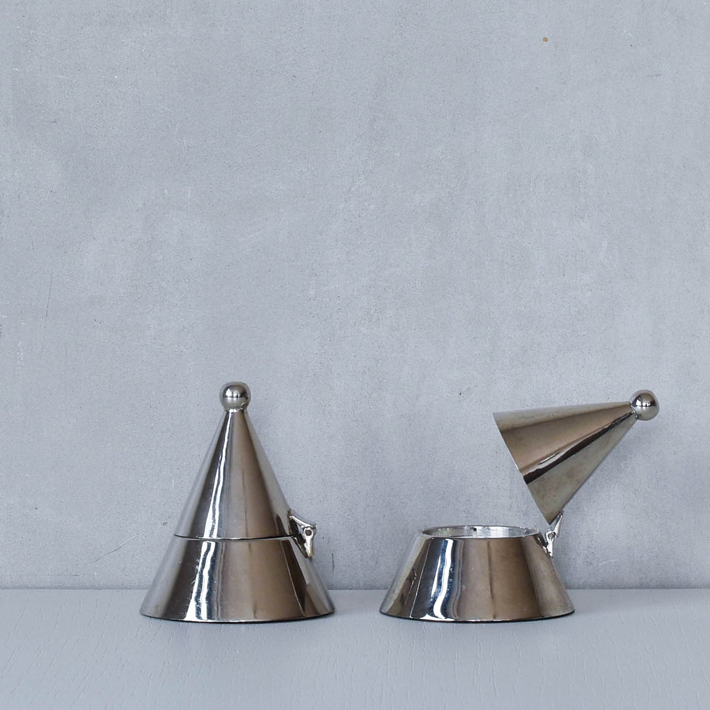 Pair vintage conical silver chrome tea light holders Aldo Rossi Alessi modernist