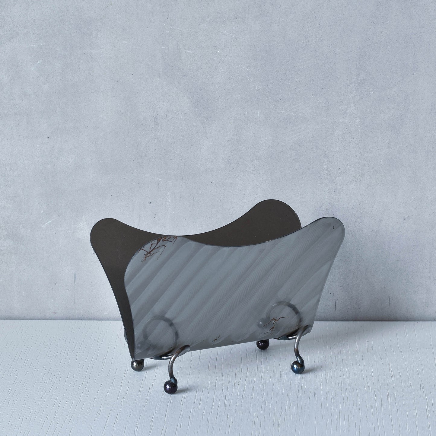 Vintage 1990s postmodern steel torch cut letter holder rack with spiral ball feet