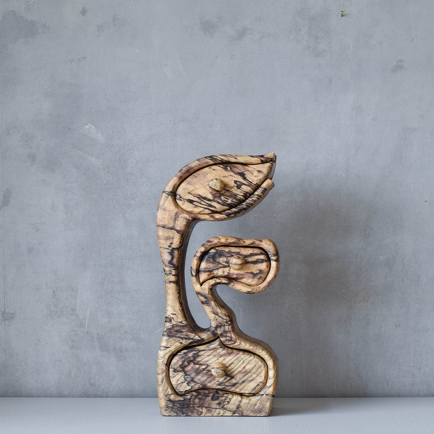 Vintage organic sculptural form jewellery trinket drawers chest spalted beech