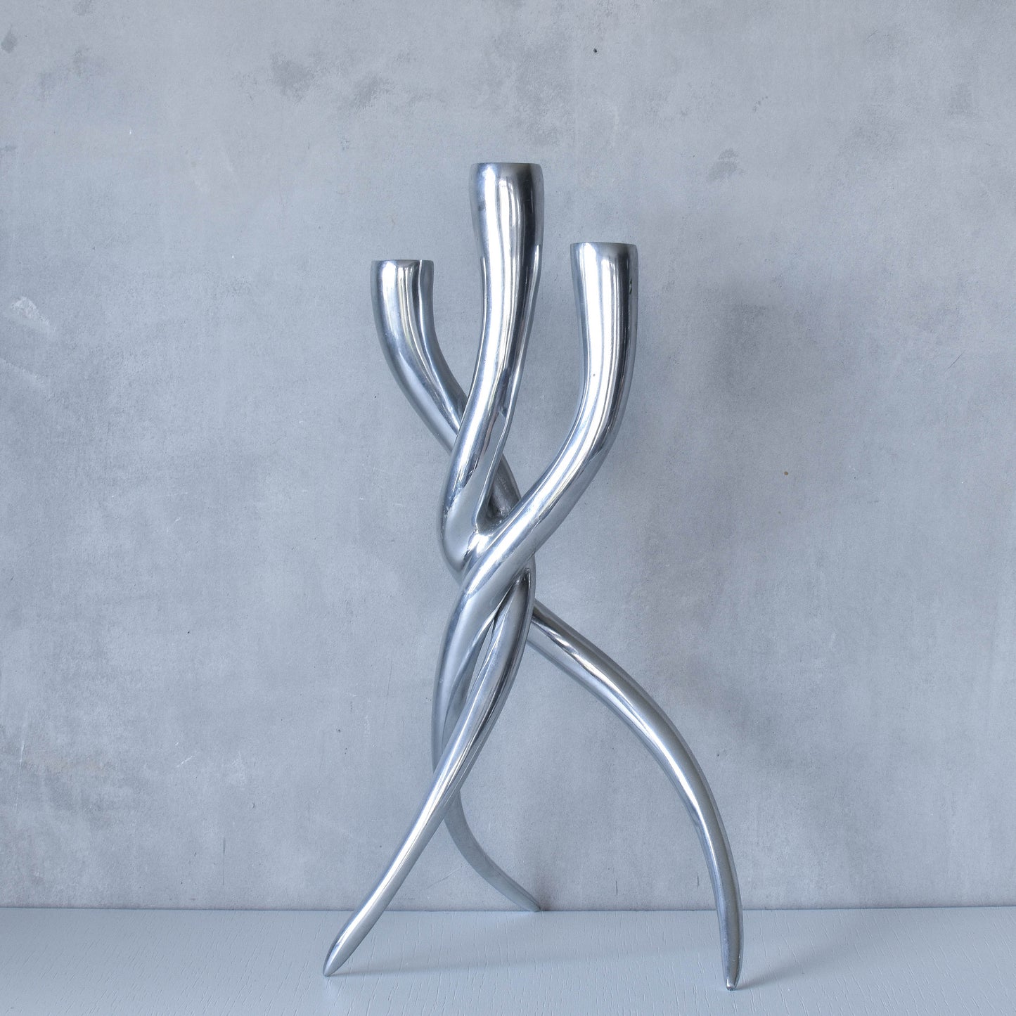 Cast aluminium brutalist style twisted sculptural candelabra