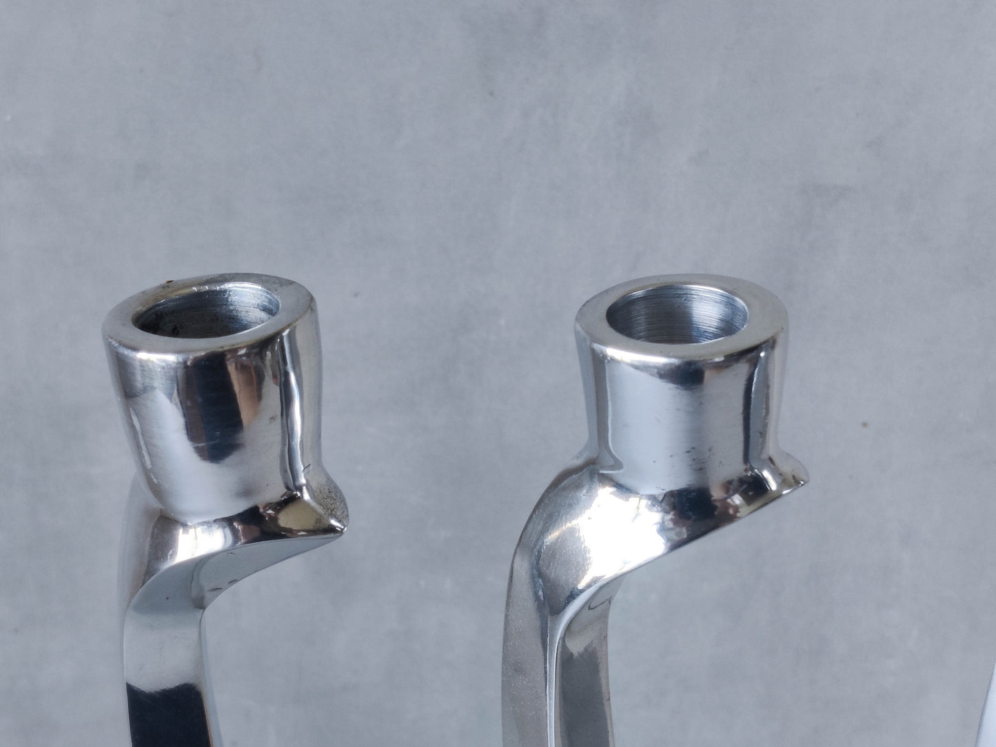 Trio of vintage aluminium Nessie Matthew Hilton style biomorphic candle holders