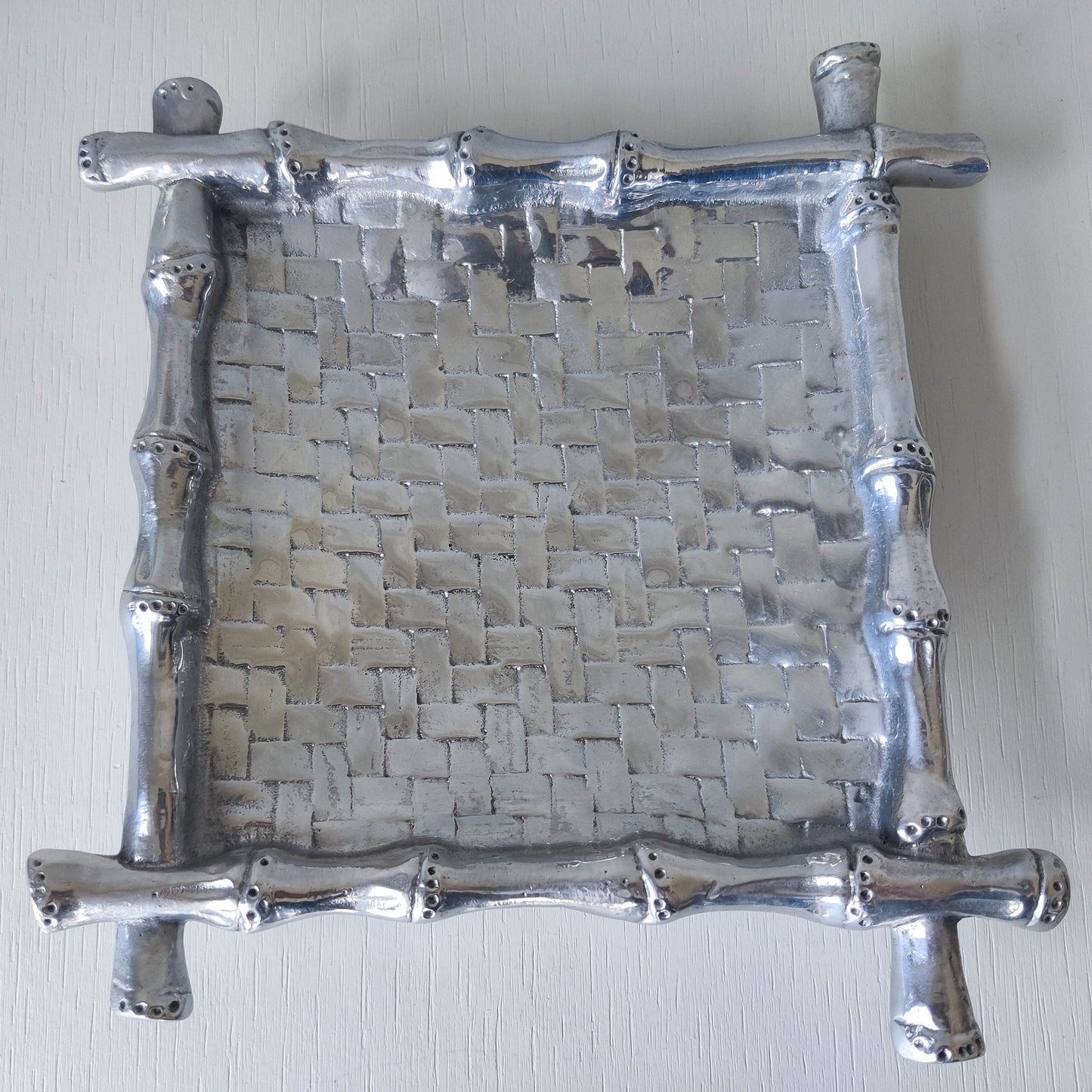 Vintage modernist Mariposa 1990s Mexico bamboo cast aluminium tray dish vide poche