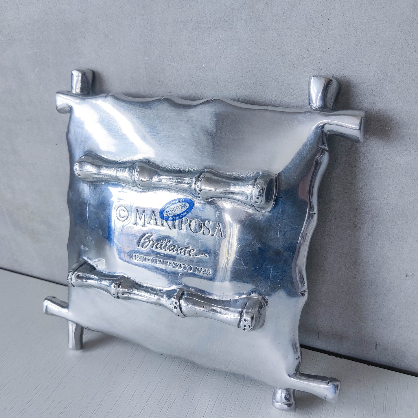 Vintage modernist Mariposa 1990s Mexico bamboo cast aluminium tray dish vide poche