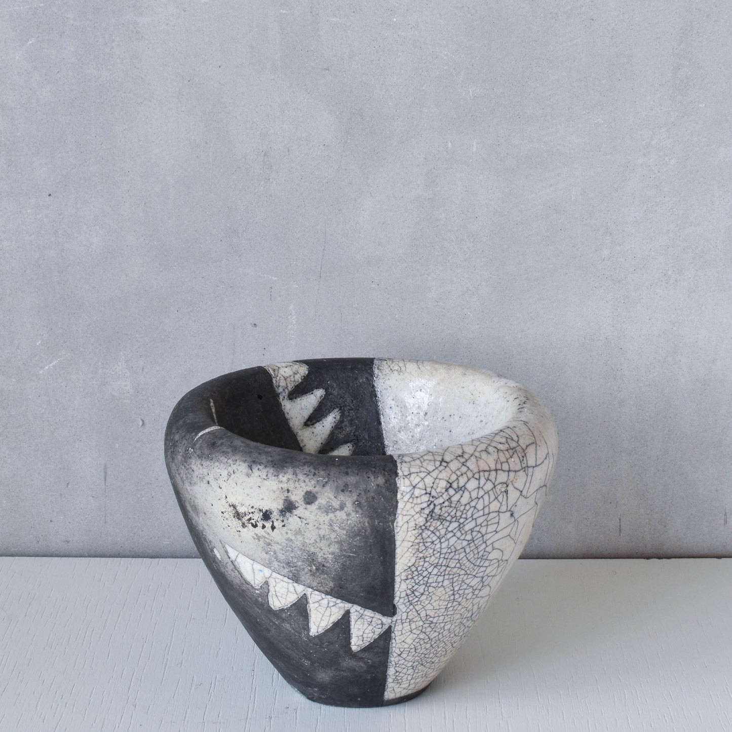 Japanese style artist made moulded bowl pot black white raku crackle stamped AK