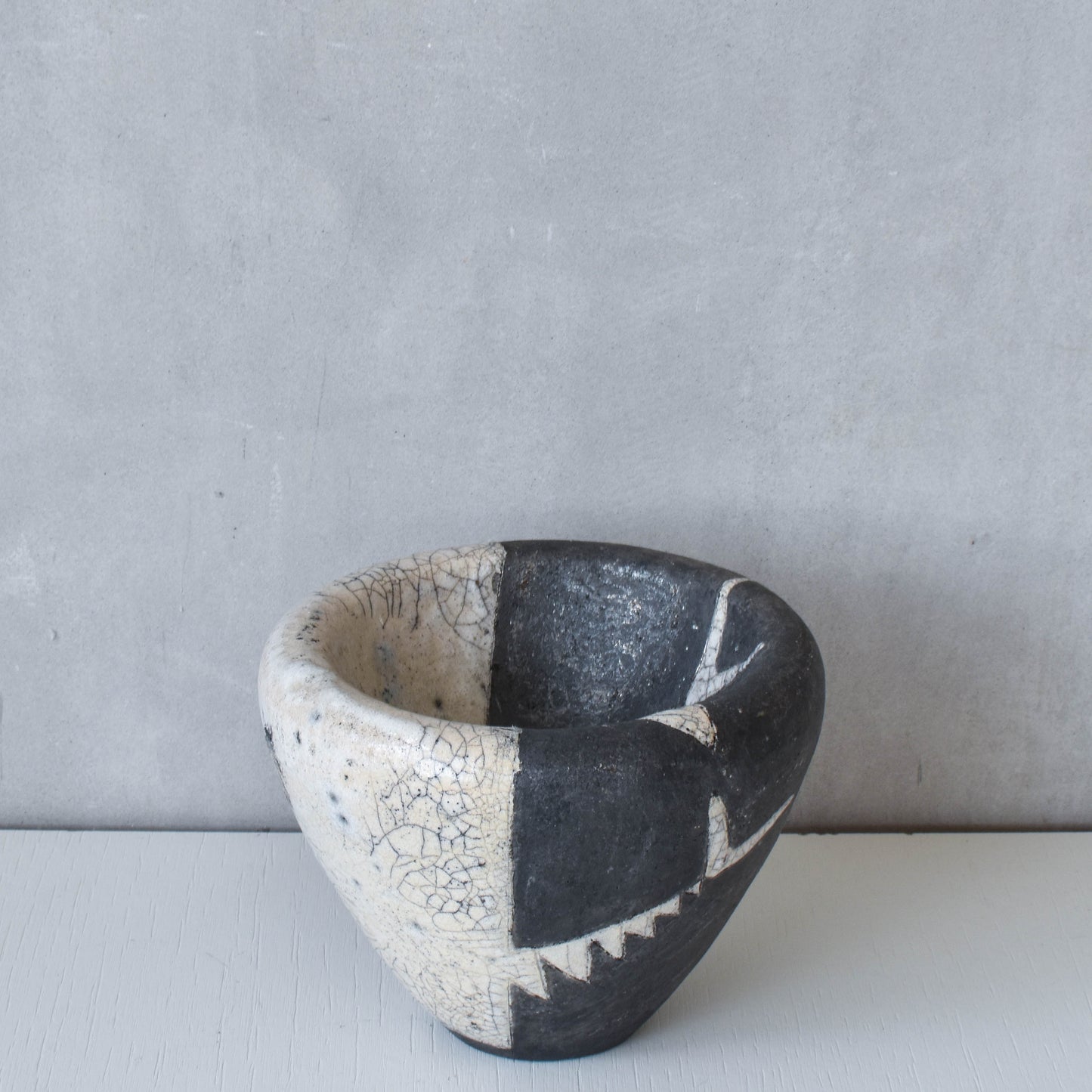 Japanese style artist made moulded bowl pot black white raku crackle stamped AK