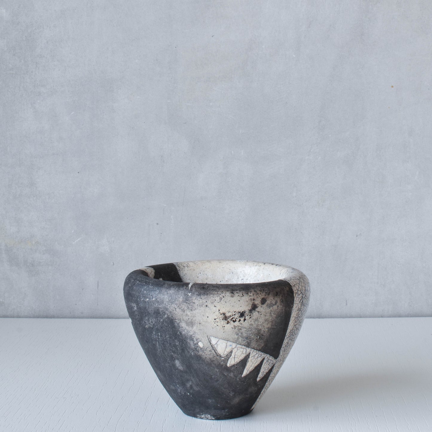 Japanese style artist made moulded bowl pot black white raku crackle stamped AK